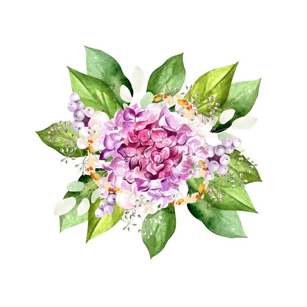 Bouquet d'aquarelle avec des fleurs, des plantes et des feuilles d'hudrangea. Illustration