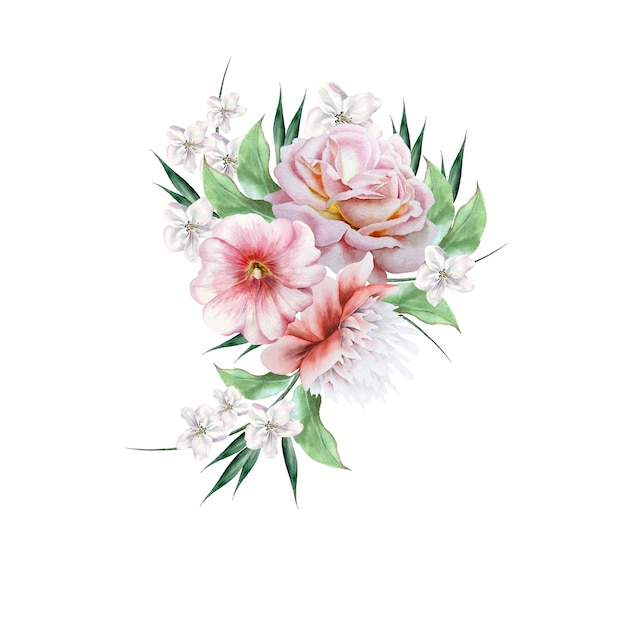 Bouquet d'aquarelle avec des fleurs. Rose. Pivoine. Illustration. Dessiné à la main.