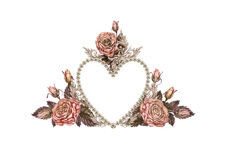 Photo bouquet d'aquarelle de rose brune rose avec un cœur de perle clipart botanique pour les valentines de mariage