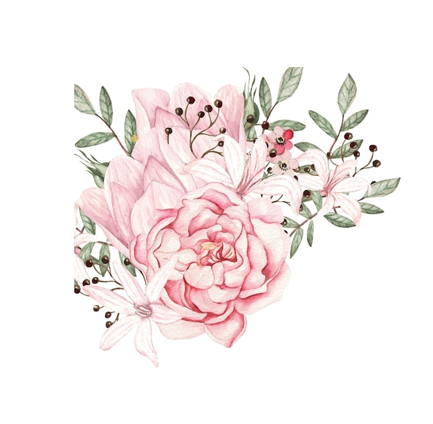 Bouquet d'aquarelle avec des roses et des fleurs de pivoine Illustration