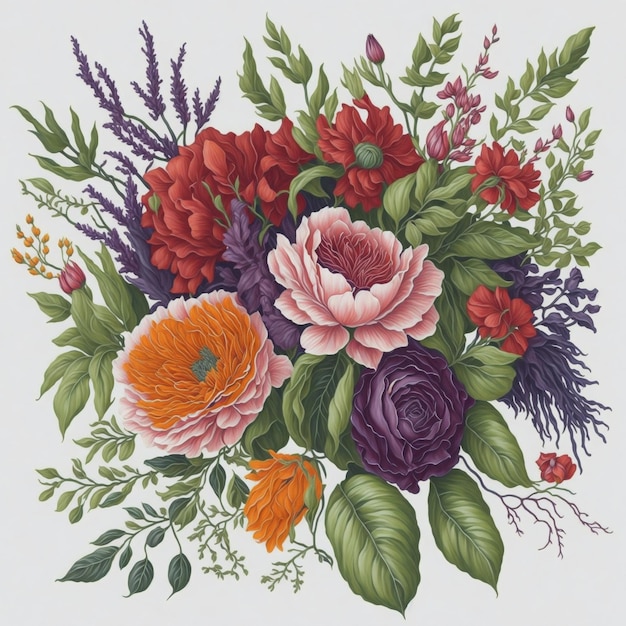Un bouquet aquarelle vibrant de fleurs et de feuilles délicatement peintes avec des détails complexes