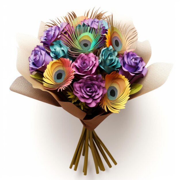 Photo bouquet d'artisanat en plumes de paon colorées pour le cadeau de la saint-valentin