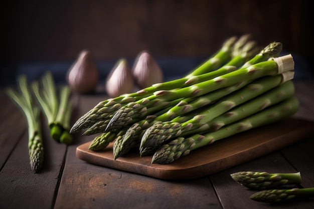 Bouquet d'asperges vertes fraîches sur une table en bois AI Generation