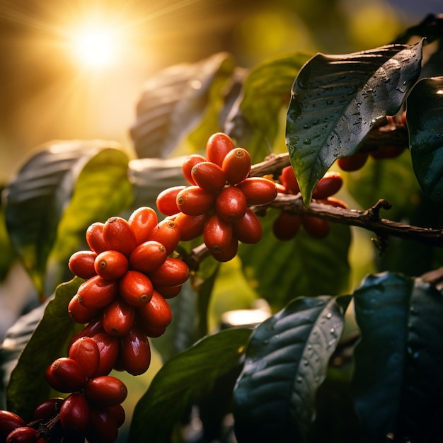 un bouquet de baies rouges sur un arbre avec le soleil brillant à travers les feuilles