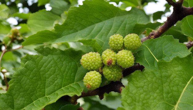 Photo un bouquet de baies vertes sur un arbre avec le mot framboises dessus