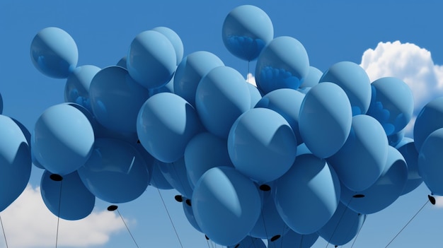 Un bouquet de ballons bleus vole dans le ciel.