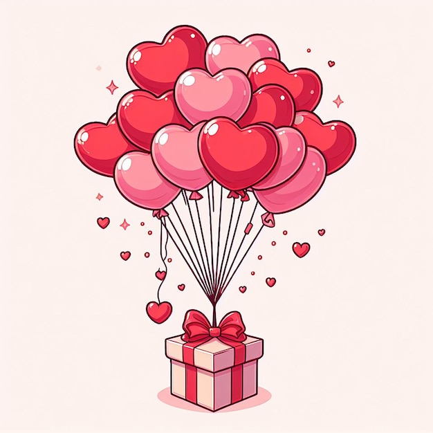 Un bouquet de ballons à coeur portant une boîte à cadeaux rayée d'adoration