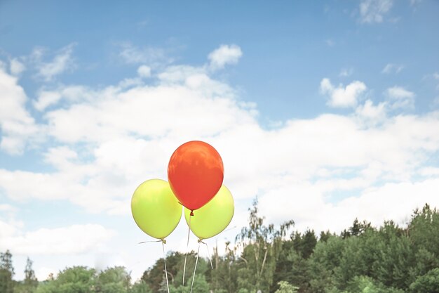 Bouquet de ballons colorés sur fond de ciel. photo avec espace copie