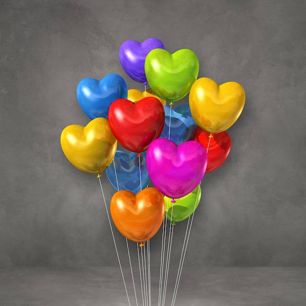 Bouquet de ballons en forme de coeur coloré sur un mur gris. Rendu 3D