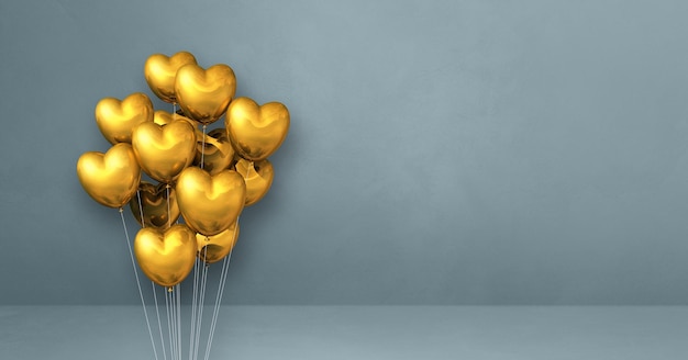 Bouquet de ballons en forme de coeur d'or sur un fond de mur gris. Bannière horizontale. rendu d'illustration 3D
