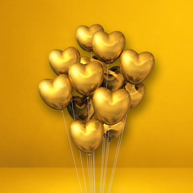 Bouquet de ballons en forme de coeur or sur un fond de mur jaune. Rendu d'illustration 3D