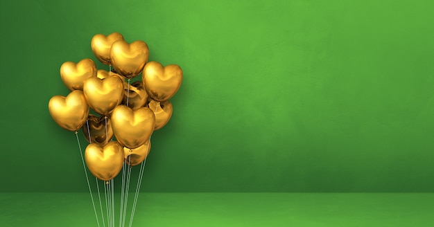 Bouquet de ballons en forme de coeur or sur un fond de mur vert. Bannière horizontale. Rendu d'illustration 3D