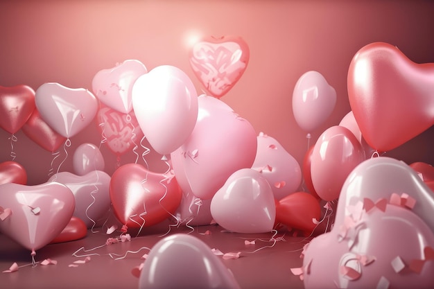 Un bouquet de ballons en forme de coeur rose et rouge IA générative
