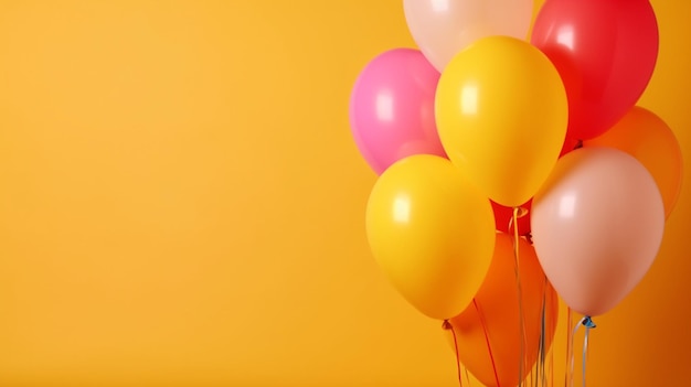 Bouquet de ballons lumineux sur l'espace de fond jaune pour la conception de bannière de texte