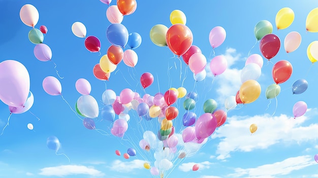 Un bouquet de ballons multicolores à l'hélium sur fond de ciel bleu
