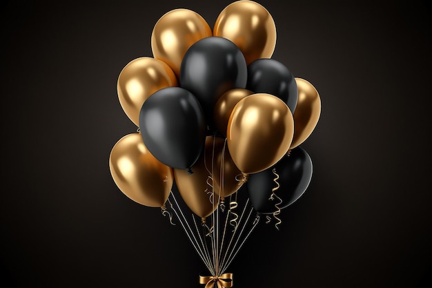 Un bouquet de ballons noirs et dorés avec un ruban doré attaché au bas.