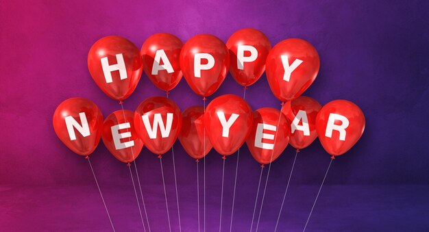 Bouquet de ballons rouges de bonne année sur un fond de béton violet. Bannière horizontale. rendu d'illustration 3D