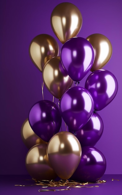 Un bouquet de ballons violets et dorés avec le mot amour en bas.