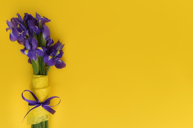 Bouquet de beaux iris de printemps sur fond jaune. Les fleurs sont décorées de ruban jaune et violet. Carte de voeux pour la fête des femmes, la fête des mères, Pâques. Humeur florale. Copiez l'espace.