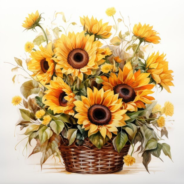 Un bouquet de beaux tournesols jaunes dans un panier en osier Aquarelle Generative AI