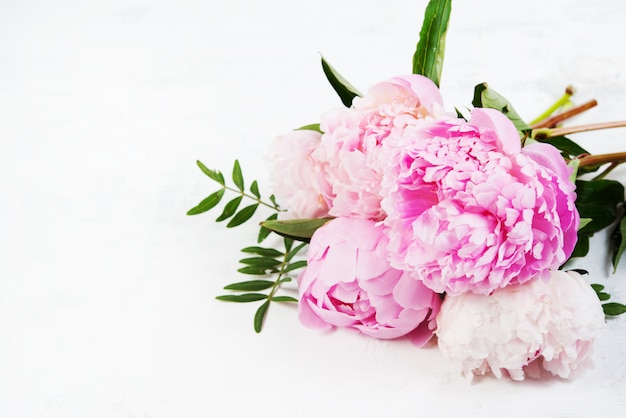 Un bouquet de belles fleurs fraîches se trouve sur un fond blanc. Des pivoines roses se trouvent à droite. Photo horizontale avec espace de copie.