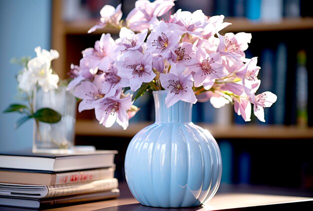 un bouquet de belles fleurs de printemps sauvages rose doux dans un vase en verre bleu se trouve sur le seuil de la fenêtre
