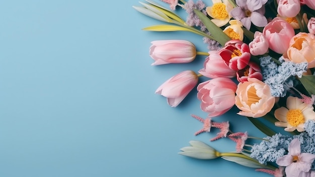 Bouquet de belles fleurs de printemps sur la vue de dessus de table bleu pastel Generative Ai