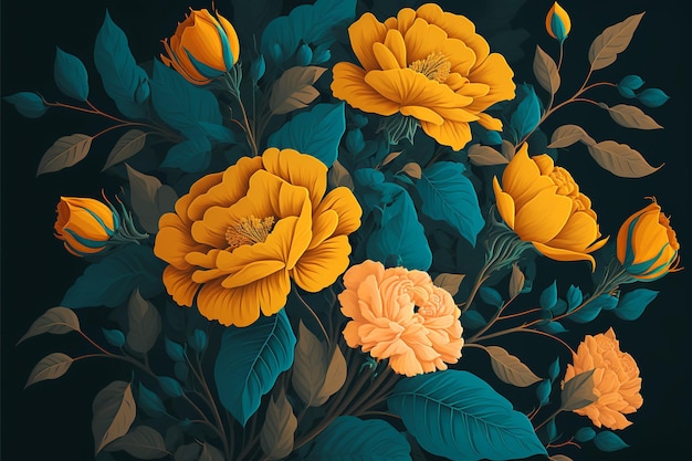 Bouquet de belles fleurs de style baroque Illustration d'art bleu jaune motif floral en discret