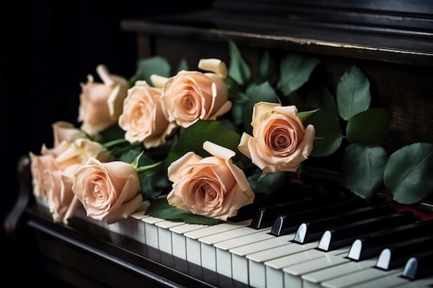 Un bouquet de belles roses oranges sur les touches du piano Génération AI