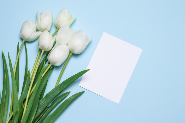 Bouquet de belles tulipes et carte pour texte sur la vue de dessus de fond bleu. Fête des mères