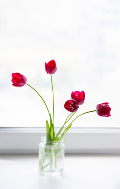 Photo bouquet de belles tulipes roses dans un bocal en verre sur la fenêtre avec une belle lumière