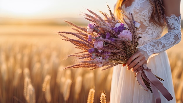 Un bouquet de blé et de lavande dans les mains d'une femme ai générative