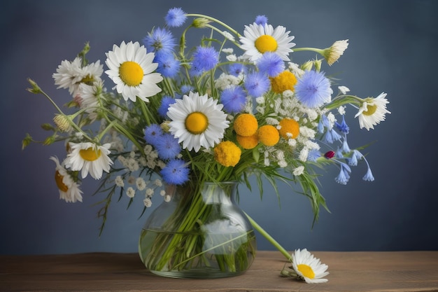 Bouquet de bleuet et de camomille dans un vase