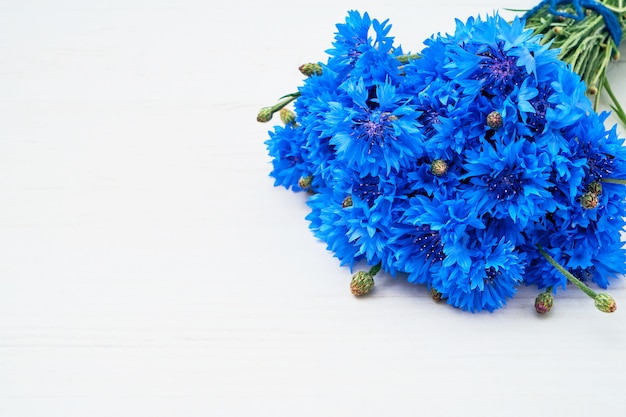 Bouquet de bleuets bleus sur bois blanc