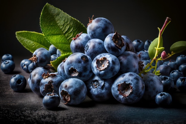 Bouquet de bleuets avec des feuilles vertes sur une surface noire avec un fond sombre AI générative