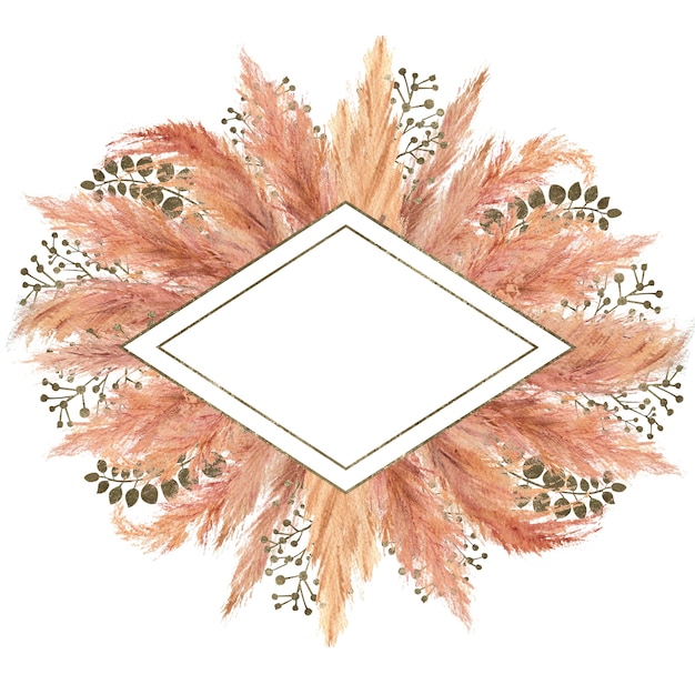 Bouquet de boho aquarelle avec herbe de pampa séchée et cadre géométrique argenté sur isolé sur fond blanc. Illustration de fleur pour la conception de mariage ou de vacances d'invitations, de cartes postales, d'impression