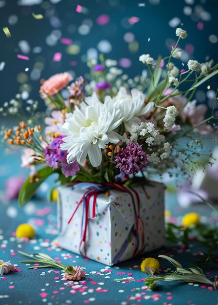 bouquet avec boîte à cadeaux et confettis