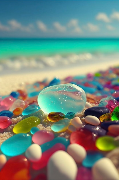 Bouquet de bonbons haricots assis au sommet d'une plage de sable ai générative