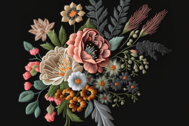Bouquet de broderie sur fond noir Impression florale Génération AI