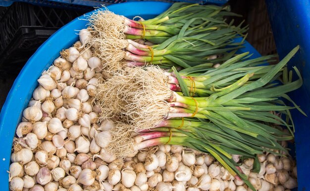 Bouquet de bulbes d'ail au bazar