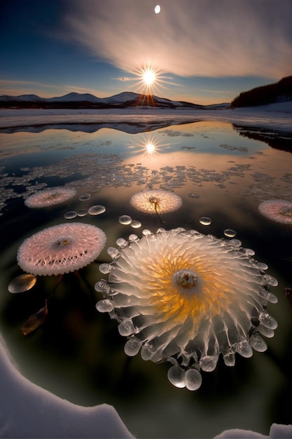 Bouquet de bulles flottant au-dessus d'un plan d'eau ai génératif