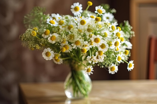 Bouquet de camomille dans un vase en cristal sur le dessus de la table avec de délicates fleurs blanches et jaunes