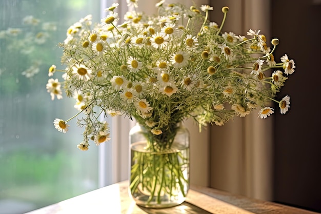 Bouquet de camomille dans un vase en cristal sur le dessus de la table avec de délicates fleurs blanches et jaunes