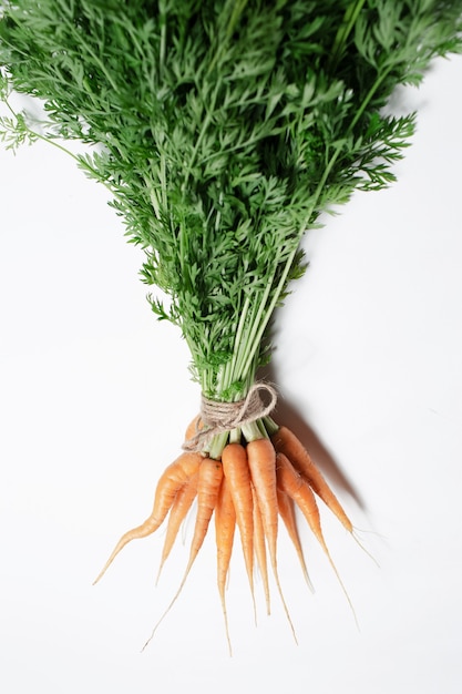 Bouquet de carottes attachées avec une corde isolée sur fond blanc.