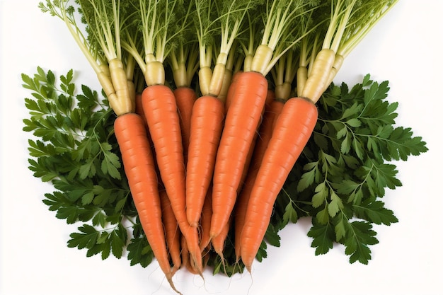 Un bouquet de carottes avec des tiges vertes et du persil sur le dessus