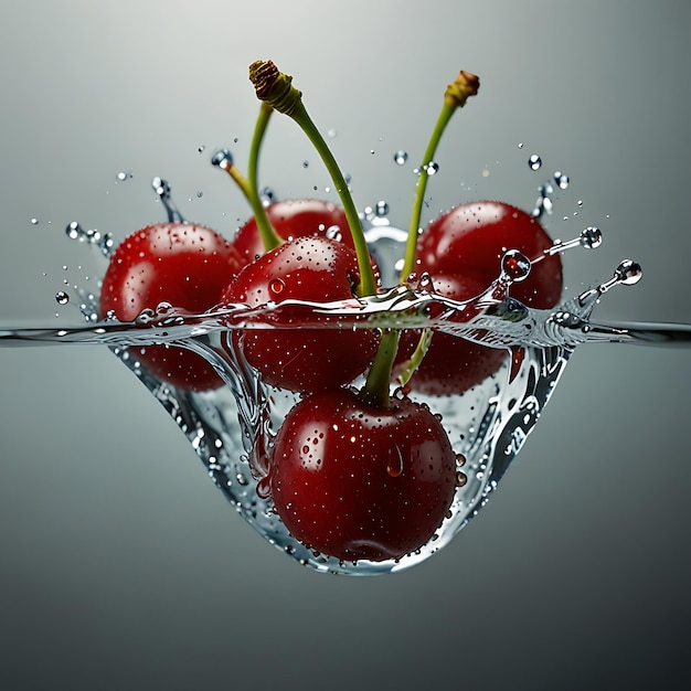 Photo un bouquet de cerises est éclaboussé dans une éclabousse d'eau