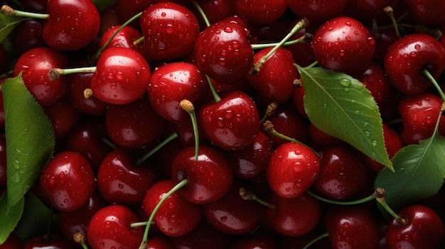 Un bouquet de cerises avec une feuille verte sur le dessus