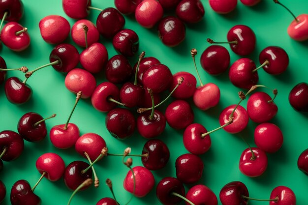 Un bouquet de cerises sur fond vert