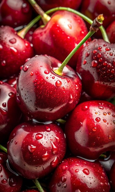 un bouquet de cerises avec des gouttes d'eau dessus