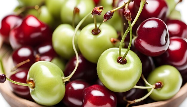 un bouquet de cerises avec un qui a un vert